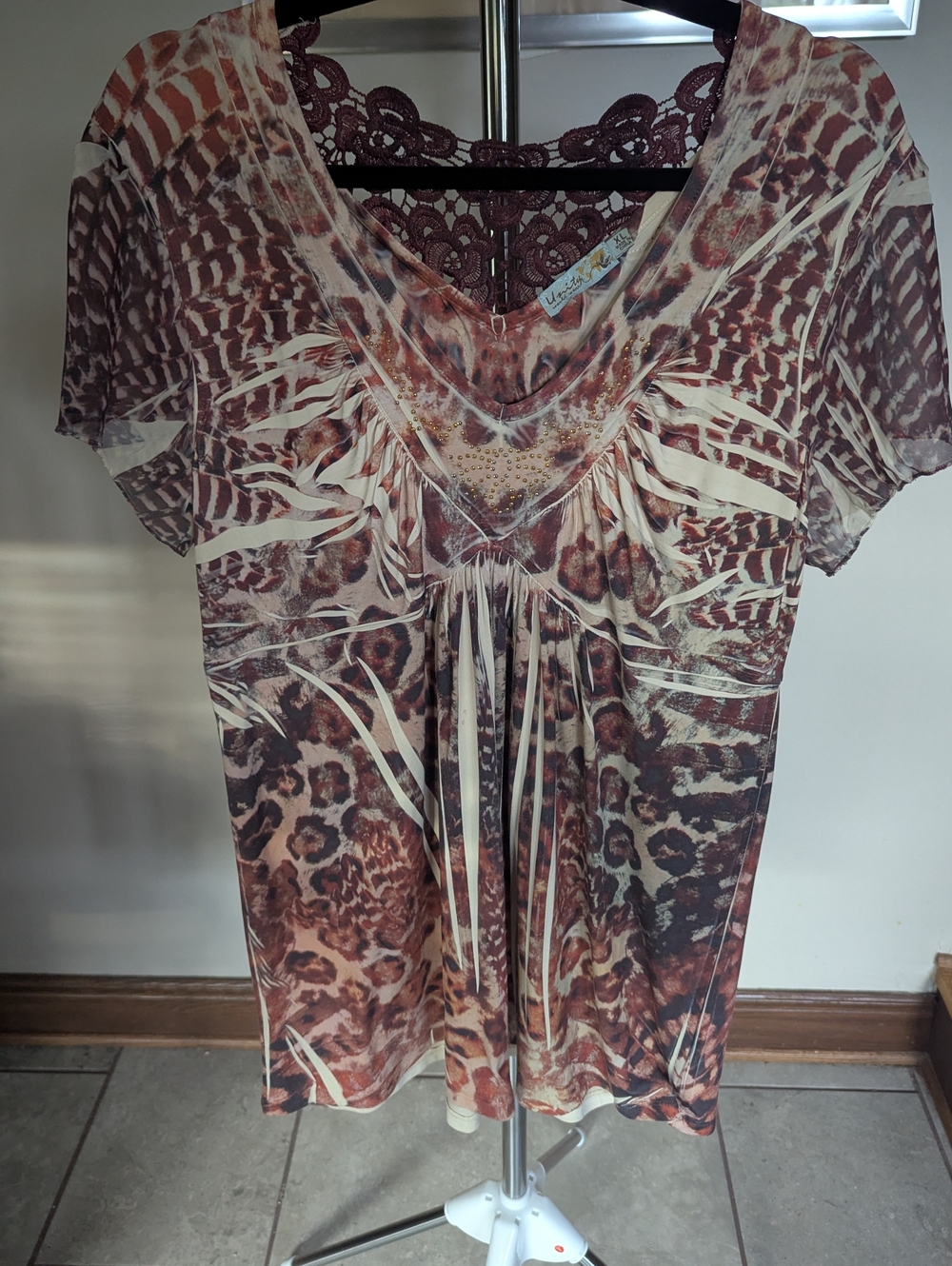Unity World Wear Boho Embellished Crochet Tunic Top Size XL Animal Print $12 Y2K
